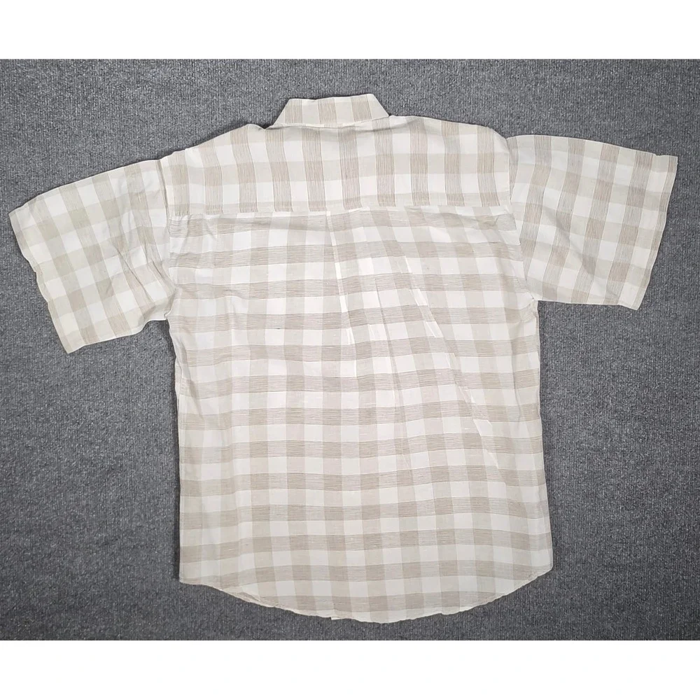 JT Beckett Mens Short Sleeve Linen Blend Plaid Button Up Shirt Tan White Size‎ M